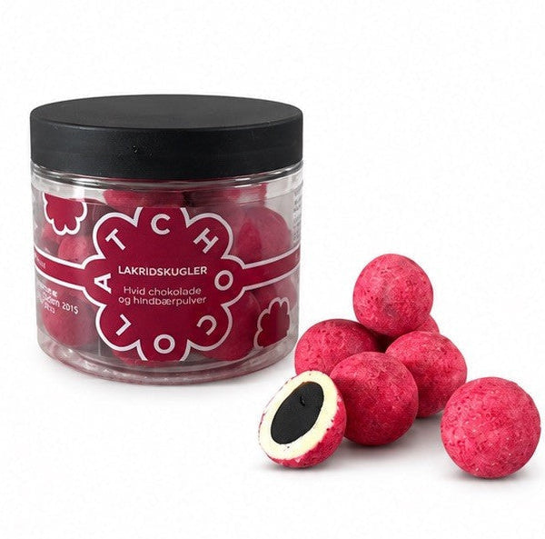 Lakridskugler med chokolade og hindbærpulver - 100g.